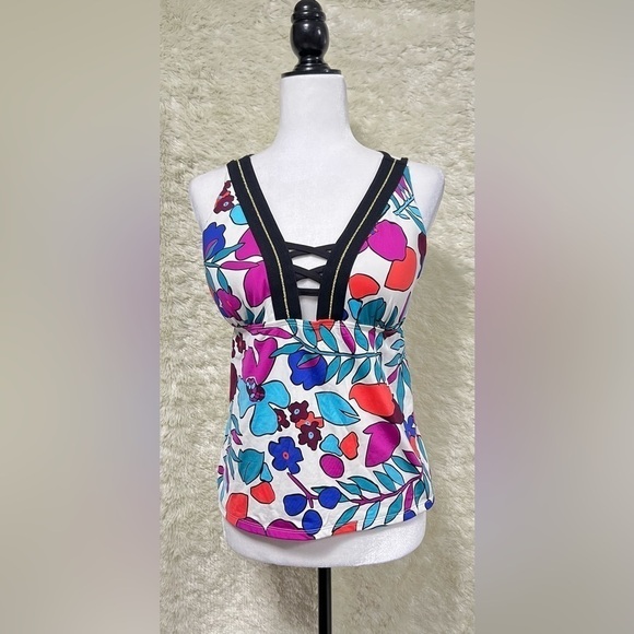 Cole of California Cali Floral White Lace Up Halter Tankini Top - Picture 2 of 8